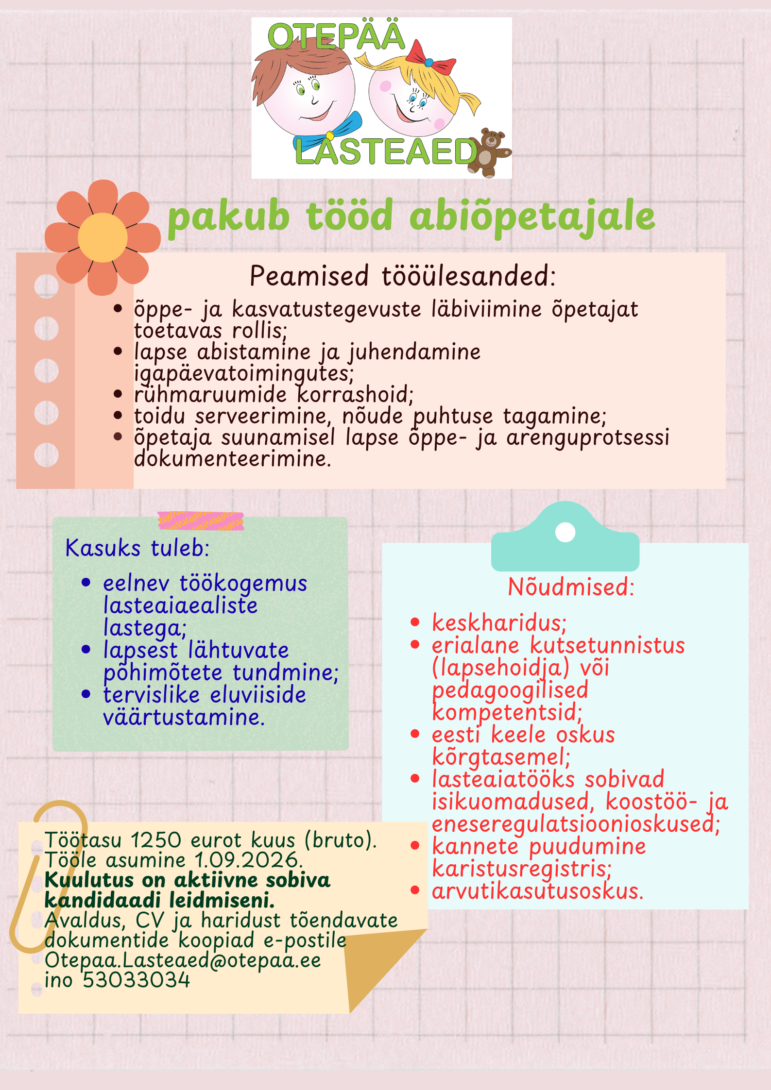 Pakume tööd abiõpetajale
